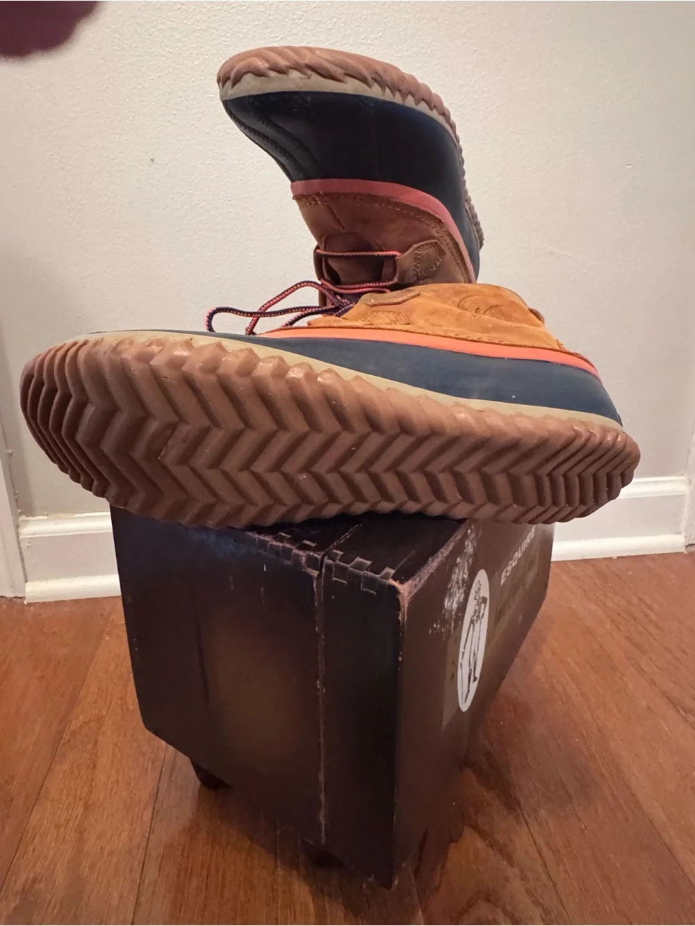 Waterproof Sorel Brown and Navy Lace-Up Rain Duck Boots with Orange Trim